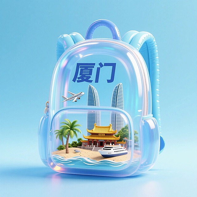一个透明的双肩包，背包里装着迷你的元素：厦门双子塔、南普陀寺、沙滩、椰树、飞机、游轮；背包上写着”厦门“，浅蓝色渐变背景