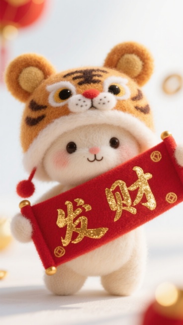 羊毛毡质感，一只可爱小兔玩偶头戴虎头帽子，举着红色横批，金色金箔书法字体写着“发财”，节日氛围，红色喜庆氛围，明亮通透背景，微距镜头，宣传海报，色彩明亮预览效果