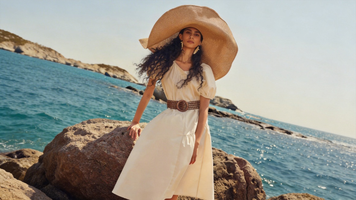 基于参考图生成16:9电商横幅，海边度假场景，模特穿着米白色连衣裙，佩戴大草帽和编织腰带，画面干净无任何文字文案，整体清新自然的高级时尚摄影风格预览效果