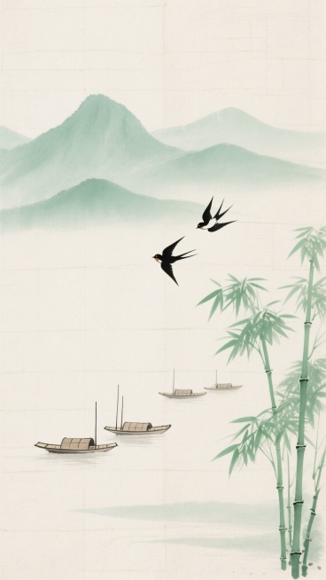中国水墨画风格，清新淡雅的色彩搭配，大面积留白，画面主体为远处淡绿色的山峦，山间有几艘小船，近处左侧有几棵绿色的竹子，竹叶舒展，两只黑色的小鸟在空中飞翔，背景为浅米色的宣纸纹理，整体营造出宁静悠远的氛围。预览效果