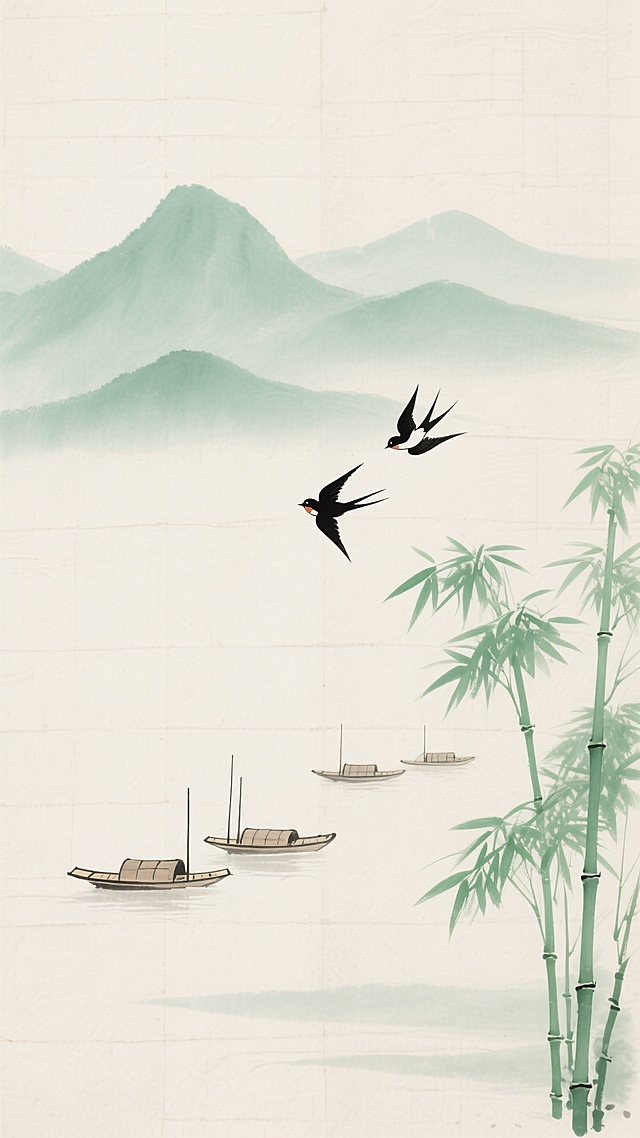 中国水墨画风格，清新淡雅的色彩搭配，大面积留白，画面主体为远处淡绿色的山峦，山间有几艘小船，近处左侧有几棵绿色的竹子，竹叶舒展，两只黑色的小鸟在空中飞翔，背景为浅米色的宣纸纹理，整体营造出宁静悠远的氛围。