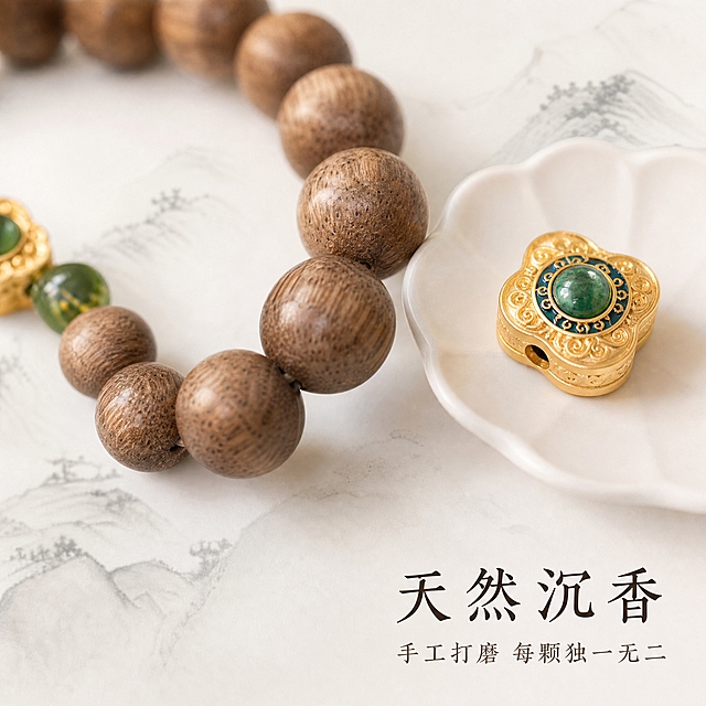 [主图-4] 细节微距展示，突出木珠纹理和手工打磨工艺。
[统一基调] 高级国风中式素雅风格，干净极简白色背景，柔和自然光，浅景深，8K高清商业静物摄影，细节细腻，柔和阴影，画面留白充足，无多余杂物。
[画面] 敦煌飞天文玩手串的局部微距特写，聚焦在几颗沉香木珠上，木珠表面的天然木纹、棕眼和油脂线清晰可见，呈现出温润的木质光泽。旁边有一颗单独的金色烧蓝配珠放在白色瓷碟上，配珠的烧蓝花纹和镶嵌的绿色宝石细节纤毫毕现。背景是虚化的浅水墨宣纸纹理，浅景深效果突出主体细节。画面视角为平视微俯，主体占比约50%。
[光影质感] 柔和侧光打在木珠上，突出木纹的立体感和油脂感，金色配珠有细腻金属高光，宝石内部有通透光感，微距摄影质感，细节极其丰富。
[配色] 主色调为米白、浅褐、金色、墨绿，整体素雅温润，背景为干净极简白色。
[文字版式] 画面右下角有两行小字，大字为「天然沉香」，小字为「手工打磨 每颗独一无二」，字体为书法感宋体，字色为深褐色，文字放在右下留白区域。
[输出要求] 1:1正方形比例，2048*2048像素，微距细节清晰，木珠纹理丰富，文字清晰可读。负向：纹理模糊、塑料感、颜色失真、水印、平台Logo、杂乱背景、珠子变形。