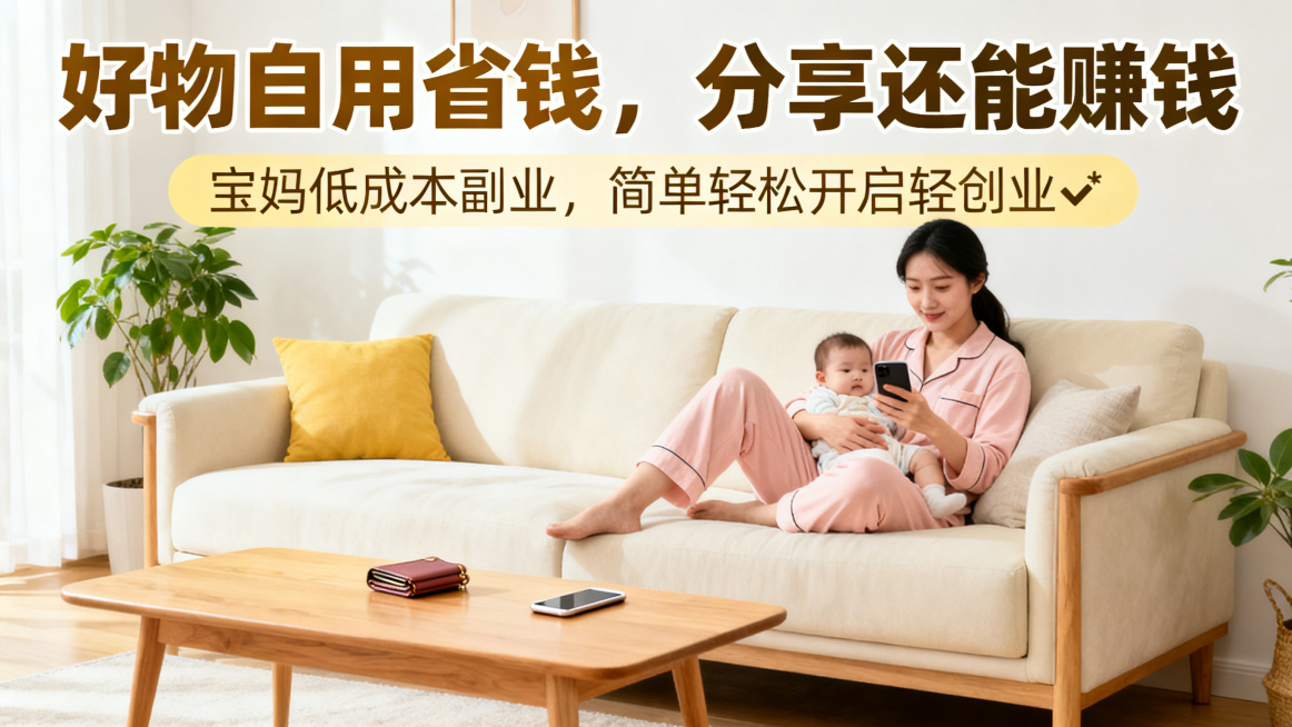 宝妈副业海报，主标题：好物自用省钱，分享还能赚钱。副标题：宝妈低成本副业，简单轻松开启轻创业✨，明亮温馨客厅场景，年轻宝妈抱娃同时看手机，搭配钱包和手机海报元素，主副标题清晰分明，治愈暖色调。预览效果