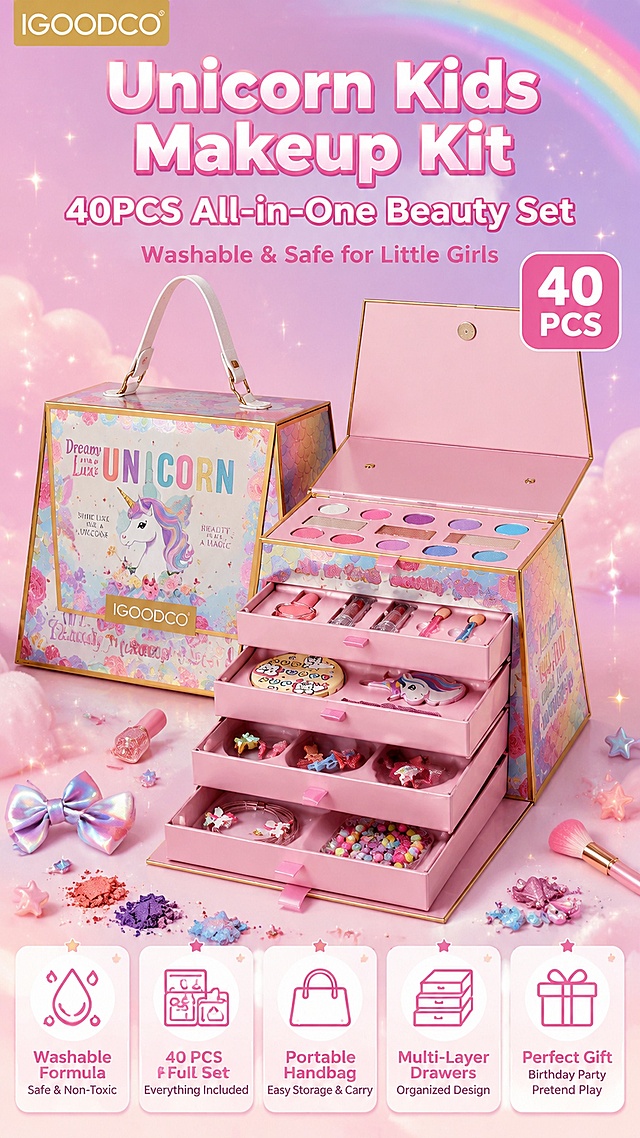 [单张主图] IGOODCO Dreamy Luxe Unicorn 40件套儿童彩妆手提套盒 爆款促销感主图 9:16竖版 亚马逊跨境英文主图。
[画面主体] 画面中上部展示独角兽主题手提彩妆套盒，套盒呈打开状态，四层抽屉全部拉开，清晰展示内部丰富的彩妆和饰品内容；套盒外观保持与输入产品图一致：粉金渐变美人鱼鳞片纹理、正面印有Dreamy Luxe UNICORN字样和独角兽花朵图案、IGOODCO品牌标识、白色皮质手提带；内部各层抽屉内容与原图一致：第一层多彩眼影盘+高光修容、第二层指甲油口红美妆刷、第三层粉饼独角兽发夹发饰、第四层首饰戒指手链项链等；产品整体占画面约50%，居中偏上摆放，完整不裁切。
[构图版式] 采用顶部大标题型竖版构图：顶部25%区域放品牌和主标题大数字；中部55%放打开的彩妆套盒主体；底部20%放五点卖点图标卡片通栏。
[场景元素] 背景为梦幻粉紫渐变，点缀柔和的星光、彩虹光晕和云朵元素，营造童话梦幻氛围；套盒周围散落少量彩色眼影试色块、蝴蝶结、星星装饰和闪亮光斑；左上角安全区放置IGOODCO品牌Logo；右上角放置一个粉色圆角标签写着40PCS；底部用五个圆角卡片横向排列展示五点卖点，每个卡片配一个简约线稿图标。
[文案版式] 所有文字为英文，清晰可读，不遮挡产品主体。
顶部主标题（两行居中，最大号粗体无衬线，白色带浅粉渐变）：
"Unicorn Kids Makeup Kit"
"40PCS All-in-One Beauty Set"
主标题下方一行稍小辅助文案（浅粉色）：
"Washable & Safe for Little Girls"
右上角粉色圆角标签内白色粗体字：
"40 PCS"
底部五个卖点卡片（每个卡片浅粉白渐变圆角，深粉字，配小图标）：
卡片1图标+文字："Washable Formula" "Safe & Non-Toxic"
卡片2图标+文字："40 PCS Full Set" "Everything Included"
卡片3图标+文字："Portable Handbag" "Easy Storage & Carry"
卡片4图标+文字："Multi-Layer Drawers" "Organized Design"
卡片5图标+文字："Perfect Gift" "Birthday Party Pretend Play"
左上角品牌Logo区："IGOODCO"
[光影质感] 柔和梦幻的顶光+侧光，产品边缘有轻微光晕，套盒表面有细腻的珠光质感和金色描边反光；抽屉内部物品清晰有层次，阴影柔和自然；整体画面通透明亮，有童话般的柔焦梦幻感。
[配色字体] 主色调：梦幻粉、薰衣草紫、珠光白、金色点缀；字体：现代无衬线粗体，主标题大号加粗，卖点文字中等字号清晰易读；整体配色甜美梦幻符合儿童彩妆产品调性。
[比例分辨率] 9:16竖版比例，2K超高清，文字清晰锐利，商业摄影质感。
[负向提示词] 变形，文字错乱模糊，产品图模糊，背景杂乱，水印，电商平台Logo，中文文字，畸形结构，多余的手，手指扭曲，人物面部扭曲。