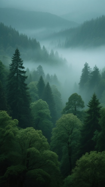 写实风格的森林背景，以深绿色和墨绿色为主色调，光线柔和且带有朦胧感，晨雾或薄雾弥漫在层层叠叠的树木之间，营造出神秘幽静的氛围。画面中包含多种不同形态的树木，有高大挺拔的松树、枝叶茂密的阔叶树等，树木的质感细腻，展现出丰富的细节。整体构图采用深远的纵深感，远处的山峦若隐若现，被雾气笼罩，近处的树木清晰可见，形成了良好的视觉层次。色彩和谐统一，绿色的深浅变化丰富，没有明显的色彩冲突，给人一种宁静自……预览效果