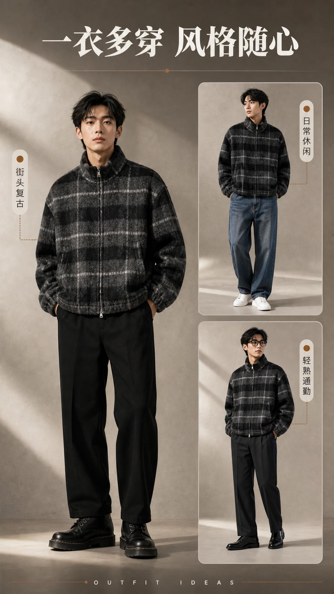 [商品] 使用【图1】黑灰格纹立领毛呢夹克外套；商品处理：保留… - 图片创意预览
