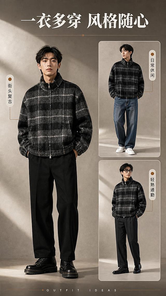 [商品] 使用【图1】黑灰格纹立领毛呢夹克外套；商品处理：保留立领、拉链、插袋、格纹图案、黑灰配色、毛呢面料质感和宽松廓形；自然去皱，增强面料纹理和五金质感，不改变版型结构。
[画面] 目标：穿搭搭配灵感页，展示多种穿搭方案。构图：左侧大图为亚洲男模特穿着夹克搭配黑色直筒裤+马丁靴的全身造型，右侧上下排列2张小图：上为搭配牛仔裤+小白鞋造型、下为搭配西裤+皮鞋造型；每套搭配旁有小标签标注风格。背景为浅暖灰渐变，带柔和光影。
[视觉] 套系策略：风格=高级复古都市商业摄影；标题字=现代衬线粗体；正文字=简洁无衬线体；主色=深炭灰；背景延展=基于深炭灰做深浅层级、暖灰渐变和细腻水泥/石材质感；强调色=焦糖棕，仅用于小面积图标、引线和标签；标题色=米白色；正文色=浅暖灰；组件=细线引线、圆角浅底信息卡；光影=前侧暖柔光，自然通透。
[文字] 顶部主标题"一衣多穿 风格随心"，左侧大图旁标「街头复古」，右上小图标「日常休闲」，右下小图标「轻熟通勤」；底部小字英文装饰"OUTFIT IDEAS"；文字横排，不遮挡人物和服装主体。
[规格] 图片比例9:16竖版，4K，避免变形、错字、文字过小、冷蓝背景、衣服颜色改变、版型失真、绝对化用语。