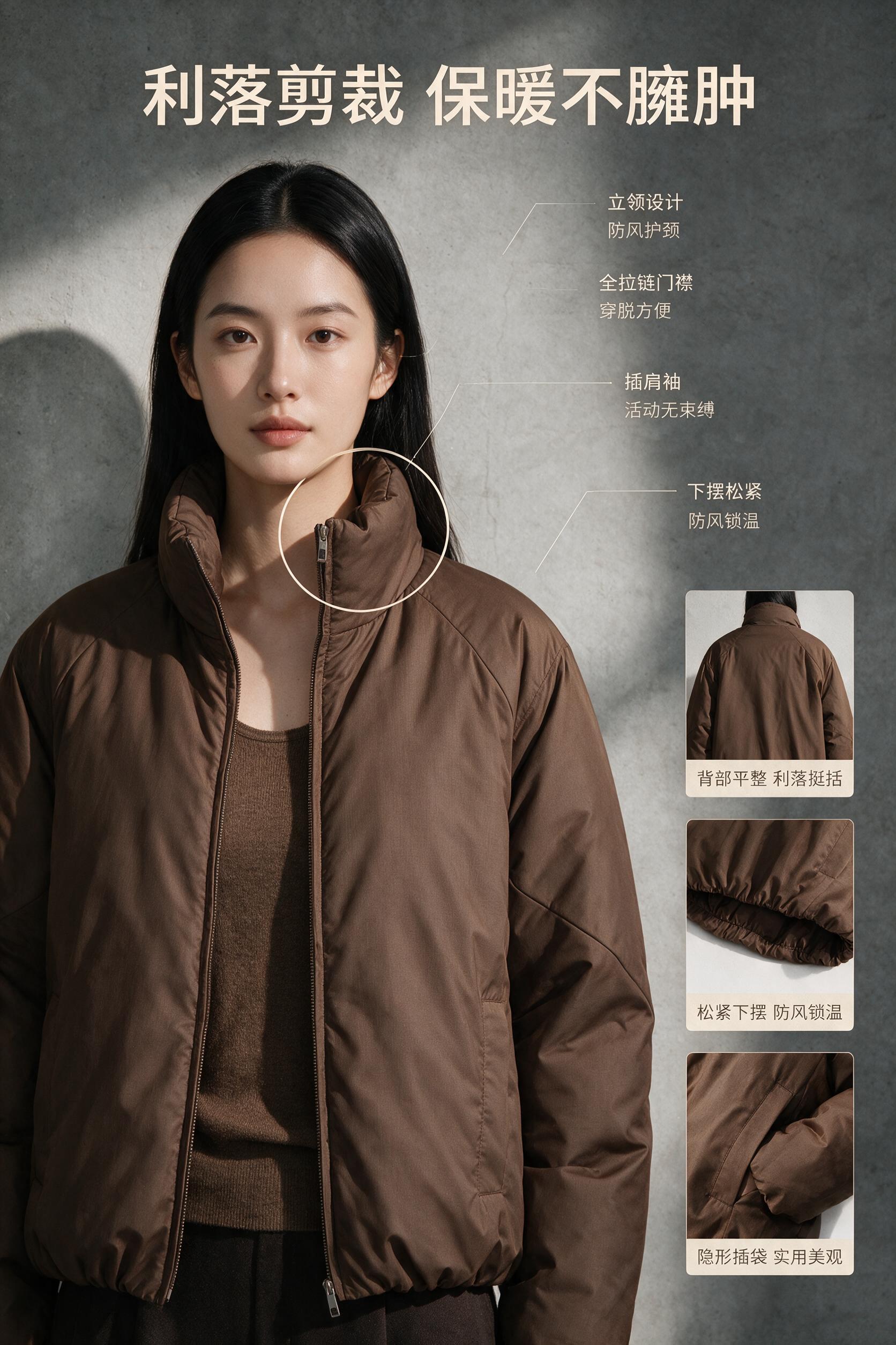 版型解析页。女模特留乌黑顺滑长直发，妆容干净素雅，神情平静从容… - 图片创意预览