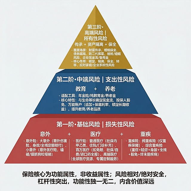 **核心主题**：保险选择金字塔图
**视觉风格**：金字塔立体轮廓，层级色块区分，线条清晰干净，文字醒目易读，无冗余装饰，适合打印/电子展示
**构图要求**：竖版金字塔构图，**底层为第一阶（基础风险），中层第二阶（中端风险），顶层第三阶（高端风险）**，每层子项用项目符号纵向罗列，字体适配竖版阅读，信息层级分明
**金字塔层级内容（从下至上）**
1. 底层【第一阶·基础风险｜损失性风险】：意外+医疗+重疾
   - 意外险：大意外（意外伤害险，身故/全残定额赔付）、小意外（意外医疗险，磕碰/猫抓狗咬报销）
   - 医疗险：普通医疗（社保内甲乙类，住院/门诊补充）、百万医疗（扣免赔，社保/自费/进口药全报）、高端医疗（全球医疗资源，专属定制服务）
   - 重疾险：纯重疾险（仅重疾保障）、综合重疾险（重症+轻症+身故+全残+豁免+终末期疾病）
2. 中层【第二阶·中端风险｜支出性风险】：教育+养老
   - 适配工具：年金险/纯教育金/养老金
   - 核心特性：与生命等长确定现金流、投保人豁免、万能账户（追加+保底利率，锁定长期收益）、提升教育/养老品质
3. 顶层【第三阶·高端风险｜所有性风险】：传承+资产隔离+保全
   - 覆盖场景：财富传承、婚姻保全、债务隔离、防二代挥霍、接班/婚姻风险、企业现金流/备用金
   - 核心作用：锁定、隔离、保全、转移，应对家庭/企业系统性风险
**底部小字总结**：保险核心为功能属性，非收益属性；风险相对/绝对安全，杠杆性突出，功能性独一无二，内含价值深远