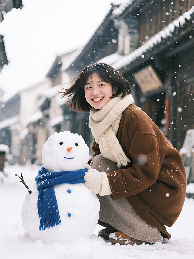 仰视角远景全身照。画面主视觉是女生穿着美拉德色系冬装（戴米色围巾，短发被风轻轻吹起），蹲着堆雪人，笑容灿烂看向镜头。雪人有蓝色围巾装饰。冬日古街背景，飘雪花。文艺青春氛围感。