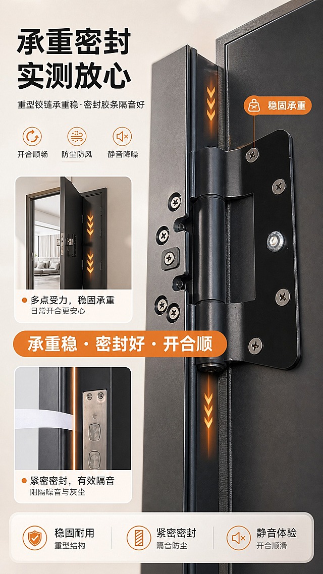 [商品] 使用【图34】重型铰链特写与【图35】门体侧面厚度图；保留铰链黑色涂层、粗壮轴心、螺丝、门体侧边与密封条；测试示意为承重、密封隔音的可视化表现，不改变产品结构。
[画面] 目标展示可验证的功能测试；上方为铰链承重示意：门体半开状态、铰链受力箭头与“稳固承重”标签；下方为密封测试示意：门缝处光线/纸片示意与“密封隔音”标签；中间暖橙结论卡“承重稳·密封好·开合顺”；产品占画面55%，背景暖白浅灰。
[视觉] 套系策略：风格=现代高端家居商业摄影；标题字=现代无衬线粗体；正文字=简洁现代无衬线体；主色=深炭灰；背景延展=暖白至浅暖灰细腻渐变、哑光墙面质感；强调色=暖橙色，仅用于小面积图标、引线、标签和局部光效；标题色=深炭黑；正文色=中暖灰；组件=圆角浅色信息卡、细线引线、圆角小图标；光影=右前侧暖柔光、室内自然光。受力箭头、测量线、标签用暖橙色。
[文字] 主标题“承重密封 实测放心”，副标题“重型铰链承重稳·密封胶条隔音好”，信息点“开合顺畅”“防尘防风”“静音降噪”，全部横向，不遮挡铰链和密封条。
[规格] 9:16竖版，4K画质，避免虚构数值/认证、门体变形、错字、竖排文字、冷蓝背景、电商平台Logo/水印、绝对化用语。