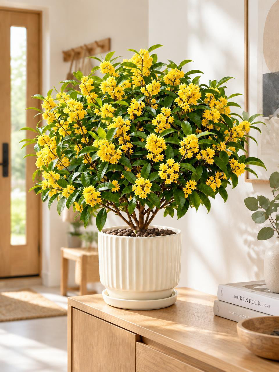 将背景替换为北欧风入户玄关场景，保留桂花盆栽主体不变，简约清新… - 图片创意预览
