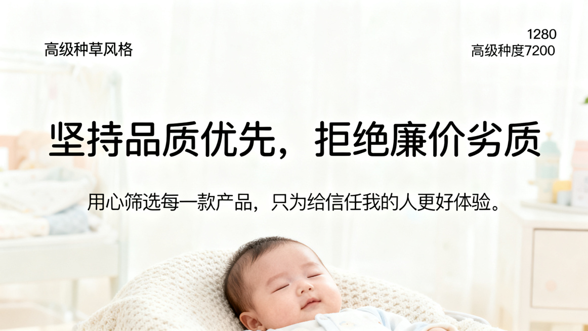 生成一张图文海报，1280宽度720高度，上下排版，主副标题分明，主标题"坚持品质优先，拒绝廉价劣质"，副标题"用心筛选每一款产品，只为给信任我的人更好体验。"，使用清晰圆体，不要行书楷体，浅清新母婴预览效果