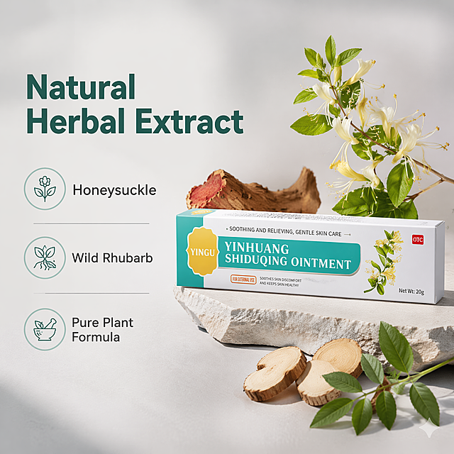 [Main Image 2] Core selling point highlight chart of herbal ingredients of Yinhuang Shiduqing Ointment.
[Atmosphere Style]: Clean professional, low saturation, functional display, in line with cross-border aesthetic.
[Quality]: Commercial photography texture, soft light, clear layers, product and ingredients are clearly visible.
[Elements]: Layout with left text and right picture. On the right is the product image of Yinhuang Shiduqing Ointment, on the left is the title and selling point labels. The background is low saturation light gray gradient. Keep the product appearance consistent with the original image, all Chinese is replaced with English, text is clear. Around the product are placed natural herbal elements such as honeysuckle, rhubarb, astragalus, which correspond to the product ingredients. The overall picture is not messy, the focus is prominent. All text on the picture is English. Title text "Natural Herbal Extract", the following are 3 selling point labels: "Honeysuckle", "Wild Rhubarb", "Pure Plant Formula".
[Light and shadow]: Soft side light, the product and ingredients have soft shadows, natural light perception, outstanding texture.
[Color matching]: Main background light gray, product white green, herbal natural green, color coordination, soft contrast.
[Perspective composition]: Left text right product flat layout, clear hierarchy, product is the core, ingredients as auxiliary, reasonable proportion.
[Text layout]: Left title is large bold English, selling point labels are small, text contrast is clear, do not block the product, in line with the specification.
[Proportional resolution]: 1:1 ratio, 800x800 resolution, 2K resolution, text clear, ultra high definition.
[Negative prompt]: Deformation, watermark, text confusion, product blur, background clutter, Chinese characters, exaggerated propaganda, overly fancy decoration, misleading ingredients description.