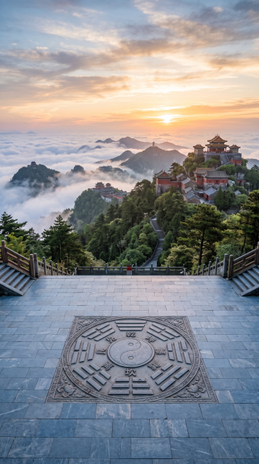 立体感国风直播背景，前景是平整青石板广场地面，背景是武当山日出云海，广场中心雕刻太极八卦图，远山建筑层次分明，无文字，适合人物站立直播，竖版预览效果
