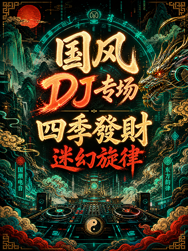 电音封面，文字为“国风DJ专场 四季發財迷幻旋律”，风格为新中式赛博风：青绿山水背景+霓虹符文、祥云与机械龙元素融合，发光书法字体，主色调青金+朱红+墨黑，比例3:4