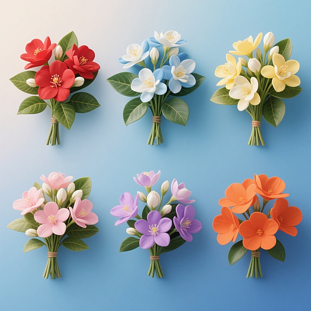 六朵造型各异的茉莉花束，每束均保持高写实风格、清晰的叶脉纹理、花瓣的细腻质感和自然的光影过渡，分别采用红色、蓝色、黄色、紫色、粉色、橙色的纯色花朵搭配同色系渐变背景，所有花束元素规整排列成系列素材集合，整体构图平衡对称，色彩鲜明且互不干扰，无任何文字及装饰元素。