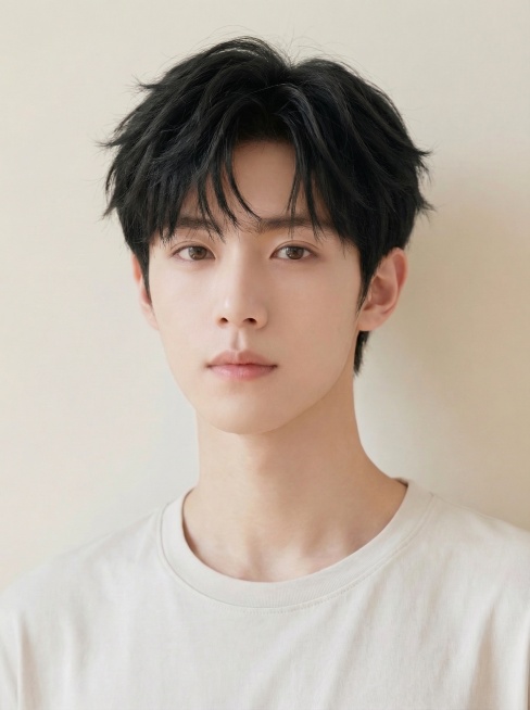 将图中少年的浅棕色头发改为自然纯黑色，保留发型的蓬松纹理感，其余特征保持不变预览效果