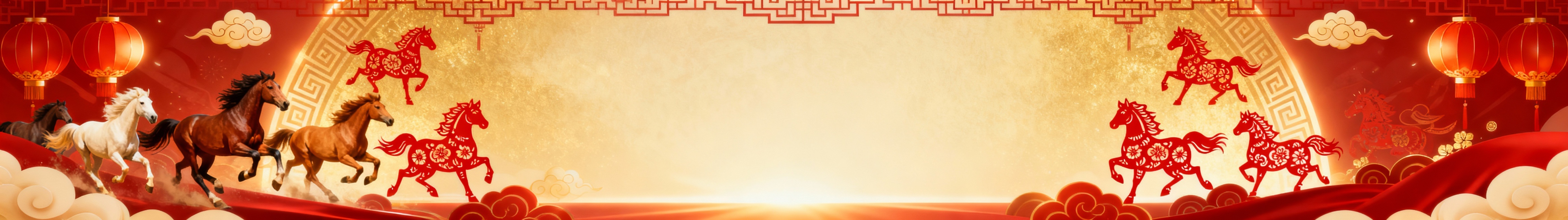 做一个马年题材主屏幕背景图 尺寸7680*1080，要求中间留出宽1920高1080的空白区域，预览效果