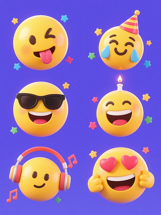 一系列6个不同表情的3D卡通黄色笑脸表情符号，保持圆润立体造型、光滑材质、明亮高光和阴影效果，纯色背景，每个表情各具特色：1. 眨眼吐舌做鬼脸，2. 戴墨镜酷笑，3. 流泪感动的笑，4. 戴生日帽吹蜡烛，5. 戴耳机听音乐摇摆，6. 捧着爱心害羞笑，规整排列成两行三列，每个表情周围有不同颜色的小星星装饰，整体风格统一且充满欢乐可爱的氛围。