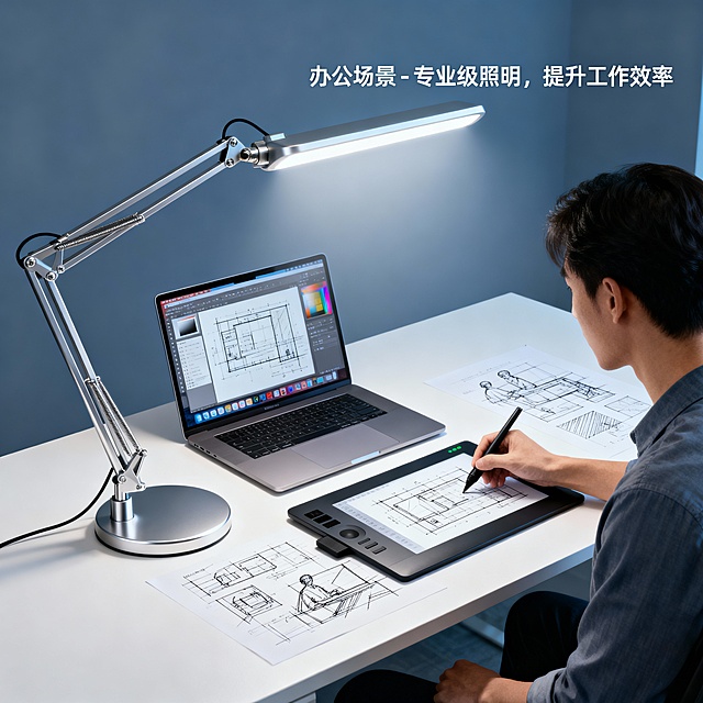（一）主视觉概念图生成
1.  AIGC提示词设计：结合概念设计方案，明确产品核心形态、风格基调、光影效果、背景氛围要求

2.  输出成果：精选1张最优主视觉概念图，标注核心设计亮点（如可调节灯臂、智能感应区域等）

（二）设计效果延展

1.  场景延展呈现：

- 学习场景：学生书桌环境下的产品摆放与使用状态，突出光线均匀性与桌面适配性

- 办公场景：设计师工作台/普通办公桌面场景，展示产品与电脑、文件等办公用品的搭配效果，强调专业照明特性

- 居家场景：床头阅读角等休闲场景，体现产品便携性与氛围营造能力

2.  照明模式延展呈现：

- 阅读模式：光线亮度/色温参数可视化，突出护眼清晰度

- 绘图/创作模式：强调光线色彩还原度与均匀覆盖范围

- 放松模式：暖光氛围呈现，突出舒适感与视觉柔和度

3.  输出成果：每个延展方向精选1-2张优质图片，标注场景/模式名称及核心设计优势