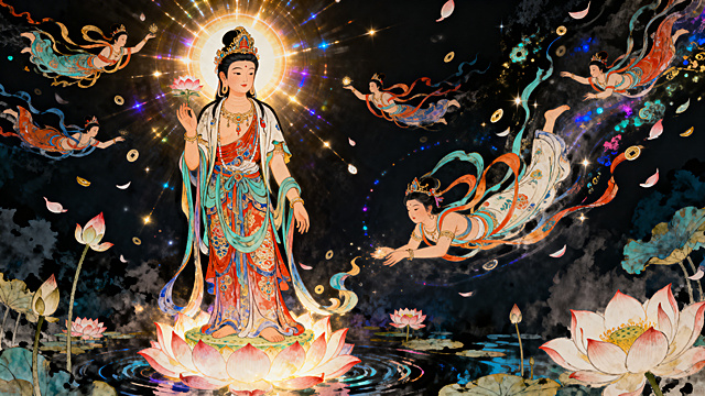 中国风观音菩萨全身站立在莲花上，工笔画超高清大图，观音菩萨为年轻形象，身穿锦斓袈裟，全身散发柔和光芒，周围环绕璀璨光晕，融入飞天、天花、莲花元素，展现震撼大气的中国古风水墨画风格，以浓彩为主题，梦幻空灵背景，梦幻氛围，128K，极繁主义，唯美深色，笔触细腻，水墨渲染，金粉点缀，超广角强透视构图，张力十足，压迫感强，细节生动完美，极其震撼，视觉冲击力强，明暗对比强烈，阴影过渡自然，电影级构图，画质超清，极致细节，清晰线条，高对比，大师级作品，立体渲染，精细画笔，色彩搭配和谐融洽，超细腻笔触，线条流畅，超清画质，完美品质，高质量，自适应饱和度，专业级比例，16:9电影级质感