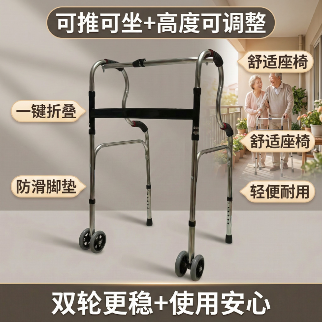 这张图片是产品主体这款产品是助行器  我需要设计20张主图在拼多多上面售卖    可以用 老年人等场景进行主图场景布局设计一个高级主图  一些主图文案内容  厂家直销 可推可坐 加粗加厚 轻便省力 承预览效果