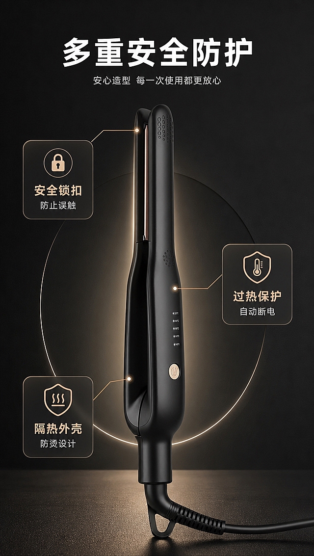 [商品] 使用【图5】黑色直卷两用电烫发板闭合状态；保留整体结构、锁扣位置、机身材质。
[画面] 目标：安全耐用机制说明。构图：机制说明型，产品居画面中央，周围用引线指向各安全部件，安全锁扣、过热保护、隔热外壳等机制示意，产品占画面50%。
[视觉] 套系策略：风格=深色科技轻奢商业摄影；标题字=现代无衬线粗黑体；正文字=简洁无衬线体；主色=深邃炭黑；背景延展=基于深炭黑做深浅渐变、同色系明暗层次和细腻磨砂金属质感；强调色=玫瑰金/香槟金，仅用于小面积图标、引线、标签和局部光效；标题色=纯白；正文色=浅银灰；组件=圆角半透明信息卡、细线引线、发光粒子；光影=右前侧暖金柔光+产品轮廓背光。
[文字] 顶部主标题「多重安全防护」，3个安全点分别为「安全锁扣 防止误触」「过热保护 自动断电」「隔热外壳 防烫设计」，配引线指向对应部位，文字横排。
[规格] 图片比例9:16竖版，4K分辨率，避免变形、错字、文字过小、冷蓝背景、产品颜色改变、结构失真、绝对化用语、虚构认证。