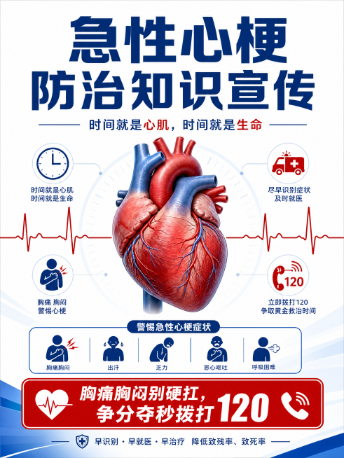 设计一张医疗科普封面海报，主题为'急性心梗防治知识宣传'，主标题文字为'急性心梗防治知识宣传'，副标题为'时间就是心肌，时间就是生命'，底部标语为'胸痛胸闷别硬扛，争分夺秒拨打120'，整体风格专业清预览效果