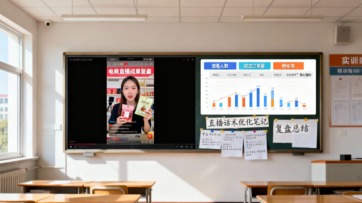 电商直播带货成果复盘展板，左侧是直播实时画面截图（主播手持商品讲解），右侧是数据报表，包含观看人数、成交订单量、转化率等核心指标，下方贴有学生手写的直播话术优化笔记和复盘总结，展板置于实训教室墙面，明预览效果