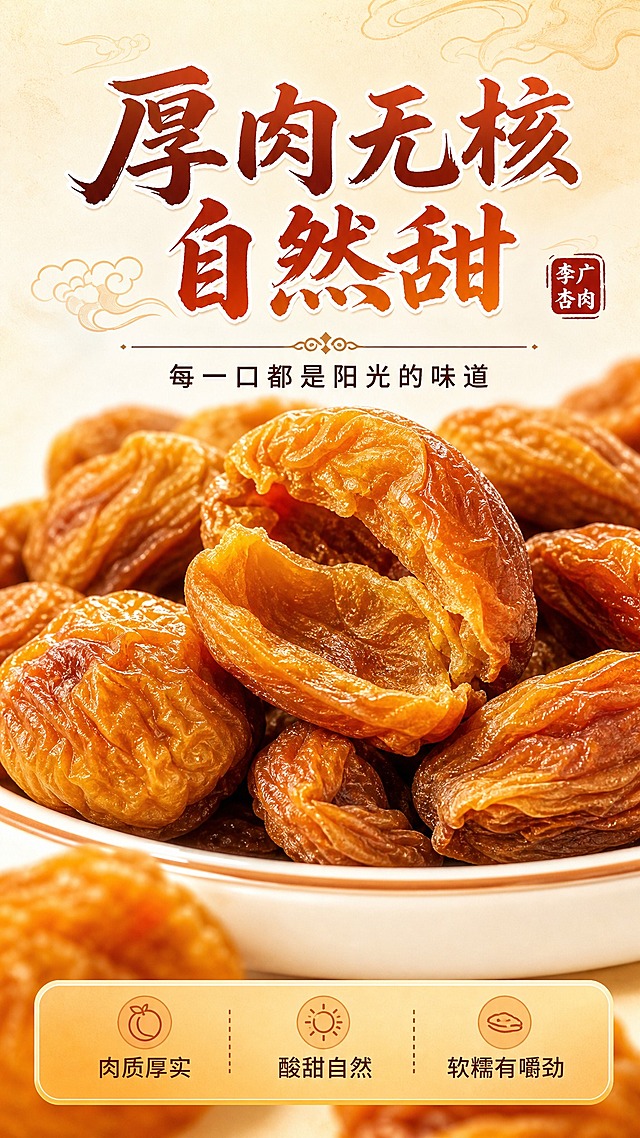 [商品] 使用【图5】李广杏肉实物特写图；保留杏肉的自然黄褐色、褶皱纹理、无核形态、真实果肉质感和自然晾晒的色泽；增强果肉表面光泽与层次感，不改变杏肉本身的颜色和形态。
[画面] 目标：口感质地特写，微距展示杏肉饱满厚实质感，激发食欲。构图：中心满版式，杏肉特写占据画面70%以上；白瓷盘边缘在画面下方1/4处，盘中堆叠满满杏肉，其中1-2片杏肉被掰开露出内部厚实果肉，展示无核和肉质厚度；前景有1片杏肉虚化，中景杏肉清晰锐利，背景纯白渐变；微距视角，突出果肉纹理、光泽和软糯质感。
[视觉] 套系策略：风格=国潮暖橙风商业摄影，敦煌地域氛围感；标题字=国潮书法黑体，厚重有力带轻微描边；正文字=现代简洁黑体；主色=暖橙色；背景延展=基于暖橙色做浅暖白渐变、柔和光晕、细腻纸张质感；强调色=深棕红，仅用于小面积图标、引线和标签点缀；标题色=深棕红+暖橙渐变；正文色=深暖棕；组件=圆角暖橙信息卡、祥云装饰元素、敦煌纹样分割线；光影=左前侧暖柔光，侧光突出果肉褶皱纹理和立体感，表面有自然光泽。
[文字] 画面上方主标题"厚肉无核 自然甜"（7字），主标题下副标题"每一口都是阳光的味道"（10字）；画面下方3个短句口感卖点横向排列："肉质厚实""酸甜自然""软糯有嚼劲"；文字不遮挡杏肉主体最清晰的部分，所有文字横排。
[规格] 图片比例9:16竖版，4K分辨率，负向提示：避免冷蓝/冷灰背景、避免杏肉颜色失真偏黑偏暗、避免果肉形态改变、避免文字竖排或斜排、避免极限词、避免水印和平台logo。