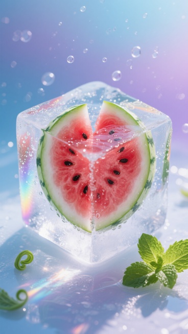 俯视构图，在一块棱角分明的透明冰块内部，悬浮着几片对半切开的鲜红西瓜，果肉纹理清晰可见，黑色西瓜籽如同星点般散布，绿色果皮与白色内瓤形成鲜明层次，冰块表面凝结着细密的水珠，边缘折射出彩虹般的光晕，底部散落着几片卷曲的绿色薄荷叶，背景是渐变的冰蓝与浅紫，无数细小气泡缓缓上升，阳光透过冰块在下方投射出斑驳的光斑，整体色调清爽透亮，光影柔和梦幻，营造出冰爽解暑的夏日微观世界。预览效果