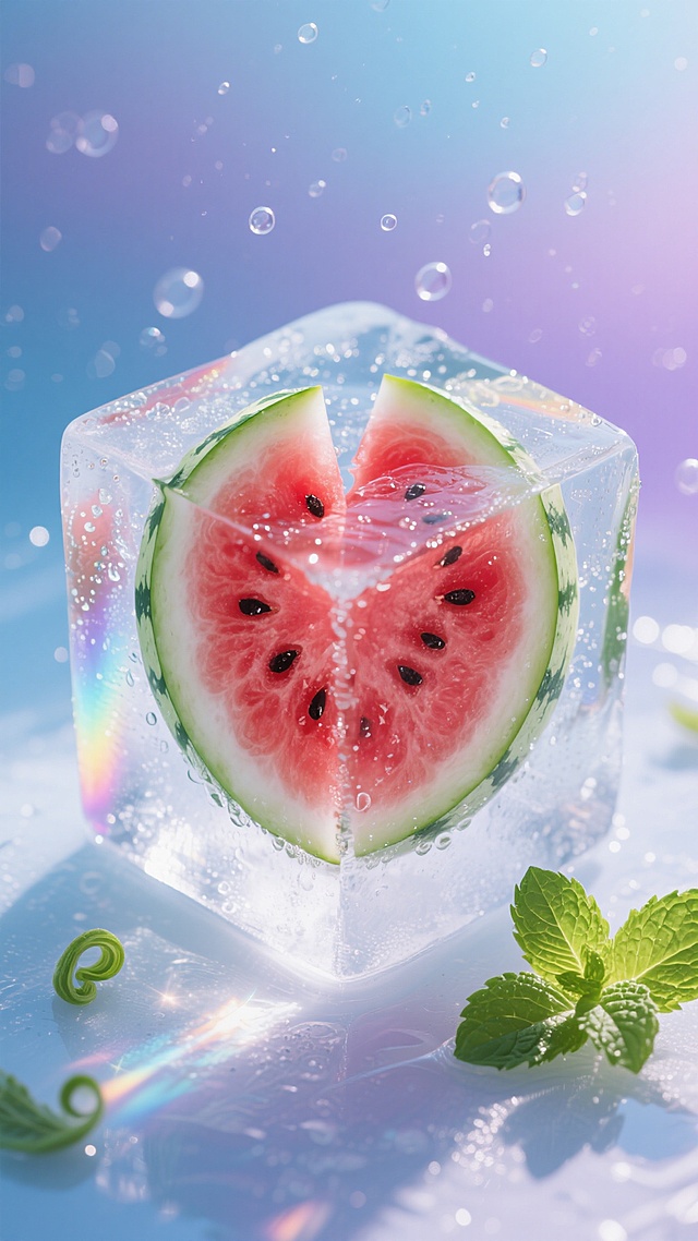 俯视构图，在一块棱角分明的透明冰块内部，悬浮着几片对半切开的鲜红西瓜，果肉纹理清晰可见，黑色西瓜籽如同星点般散布，绿色果皮与白色内瓤形成鲜明层次，冰块表面凝结着细密的水珠，边缘折射出彩虹般的光晕，底部散落着几片卷曲的绿色薄荷叶，背景是渐变的冰蓝与浅紫，无数细小气泡缓缓上升，阳光透过冰块在下方投射出斑驳的光斑，整体色调清爽透亮，光影柔和梦幻，营造出冰爽解暑的夏日微观世界。