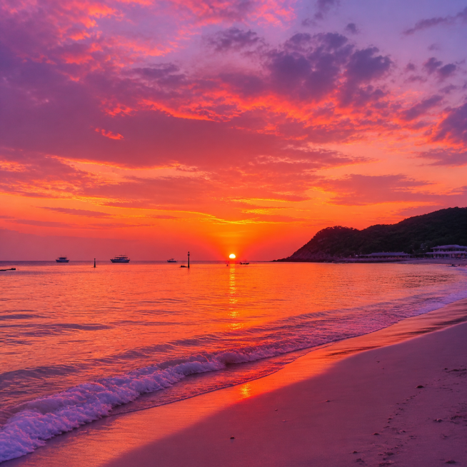格兰岛落日，静谧海边，橙红色夕阳坠入海平面，天空布满粉紫色晚霞，海浪轻拍沙滩，整体氛围浪漫治愈预览效果