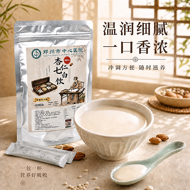 在画面中合适的位置（大包装袋旁边的桌面上）添加1-2包独立小包装产品，小包装为银色长条铝箔袋，表面有植物图案纹理，小包装的光影、透视、比例与原图环境完全融合自然，保持原图的构图、大包装袋、文字、背景、所有其他元素完全不变，图片比例保持不变