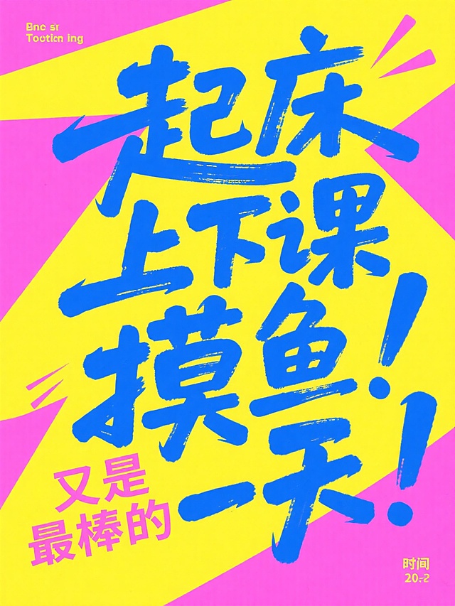 文字排版艺术，创意海报，冲击，创意手绘巨大文字 “起床 上课 摸鱼！又是最棒的一天！”  位于画面中心，倾斜动感，错落有致，艺术构图，pop色背景，手写字迹，极简主义