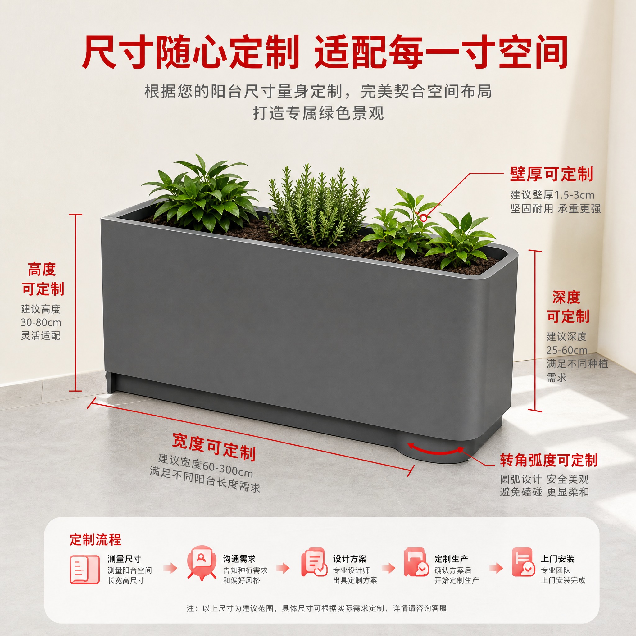 [主图-4] 阳台定制花箱 尺寸定制与安装说明图 [统一基调]… - 图片创意预览