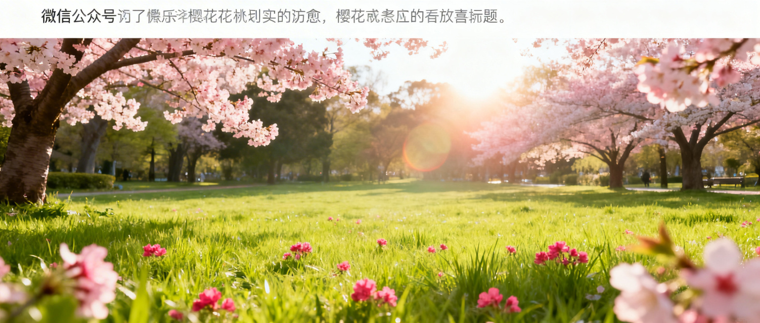 春天踏青赏花微信公众号封面图，公园里樱花桃花盛开，绿色草地生机盎然，温暖阳光，清新明亮风格，画面温馨治愈，顶部预留标题区域，整体舒适自然预览效果