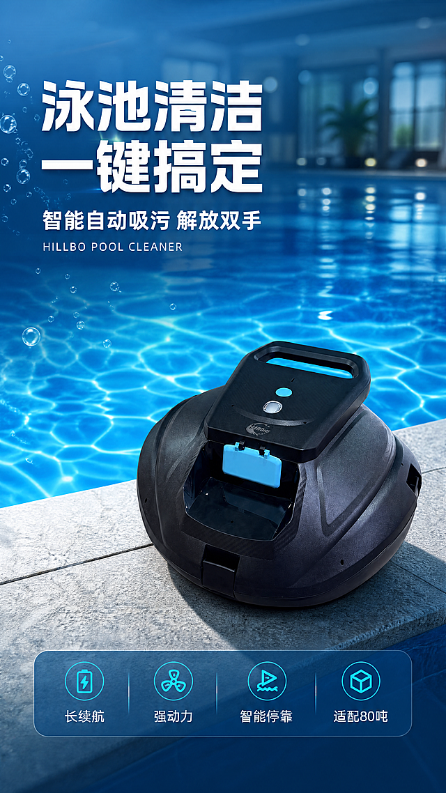 [第1屏] 详情页头图主视觉 - 喜露宝 Hillbo XLBXWJ 小型泳池吸污机新品宣传海报。本屏使用【图1】作为商品主体。
[氛围/风格] 科技清爽泳池风，深蓝水感氛围，商业摄影质感，专业可靠，智能清洁科技感。
[元素布局] 吸污机置于画面中下偏右，占比约55%-60%，放置在泳池边缘台面上；背景为清澈蓝色泳池水面延伸至远处，水面有柔和波光与涟漪，远处泳池环境虚化；左上角留标题区，水面上可增加少量气泡与水纹光效；产品物理结构、黑色主体+蓝色按键细节、提手造型、材质质感与输入产品图保持一致，不得变形或缺件。
[光影质感] 左上方柔和主光照明，右侧辅光勾勒产品轮廓，水面反射光点缀，产品底部自然投影到台面，整体通透明亮，科技蓝调。
[配色色系] 全局底色 #0A3D6B 深海蓝渐变；主色泳池蓝 #1E88E5；辅助色青蓝 #4DD0E1、白色标题、产品黑+蓝点缀。
[视角构图] 正面微仰视，产品为视觉中心，阅读动线左上标题 → 中部产品 → 底部信息条。
[文字版式] 版式为左上大标题 + 右侧产品 + 底部信息条。主标题「泳池清洁 一键搞定」，副标题「智能自动吸污 解放双手」，两行粗黑体左对齐；标题下小字英文「HILLBO POOL CLEANER」；底部横向信息条列出4个短卖点图标标签：「长续航」「强动力」「智能停靠」「适配80吨」；文字不遮挡产品主体，所有文字清晰可读。
[比例分辨率] 9:16 竖版比例，4K 分辨率，文字清晰可辨，高清画质。
[负向提示词] 产品变形，缺件错件，结构错误，颜色偏差，水印，文字错乱，文字过小，产品图模糊，背景杂乱，人物乱入。