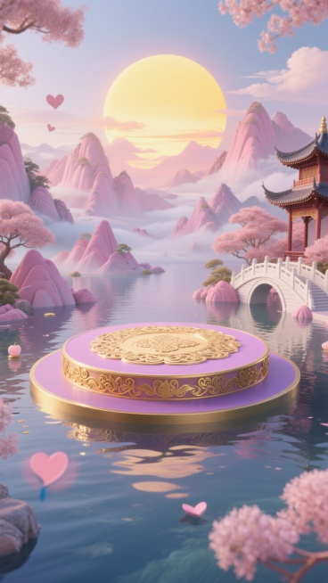 水面漂浮一个巨大金色圆形展台，展台装饰古典花纹，以粉紫渐变为主色调，构建国风山水场景，有层叠粉色山峦、圆形暖黄落日，搭配中式楼阁、白玉桥，超广角低角度拍摄，整体仙幻、雅致，七夕浪漫氛围感。预览效果