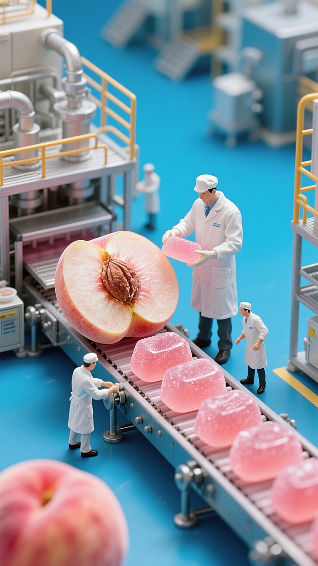 一个被切开的水蜜桃内部有一个制作工厂，工厂里的工人正在制作粉红色的桃子果冻糖，果冻糖躺在向外输送的传送带上。蓝色背景