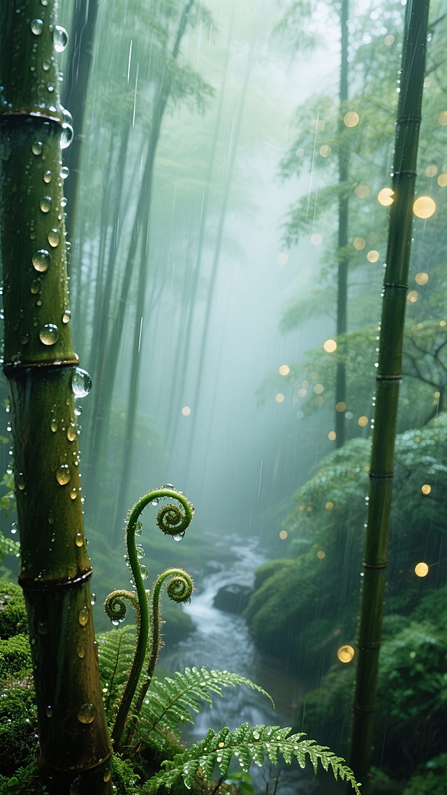 俯瞰视角，雨后的古老竹林上空，晨雾正以垂直的丝绸般纹理缓缓流动，从翡翠绿到苔藓青的渐变如同被水彩晕染的轻纱，透过雾气可以看见下方若隐若现的蕨类植物卷曲的嫩芽，水珠在竹节上凝结成晶莹的球体并折射出破碎的阳光，形成无数闪烁的金色光点，竹林深处传来若有若无的溪流声，整个画面被一层湿润的光晕笼罩，色调如同浸透雨水的青瓷，既有朦胧的梦幻感又不失自然的细腻纹理。