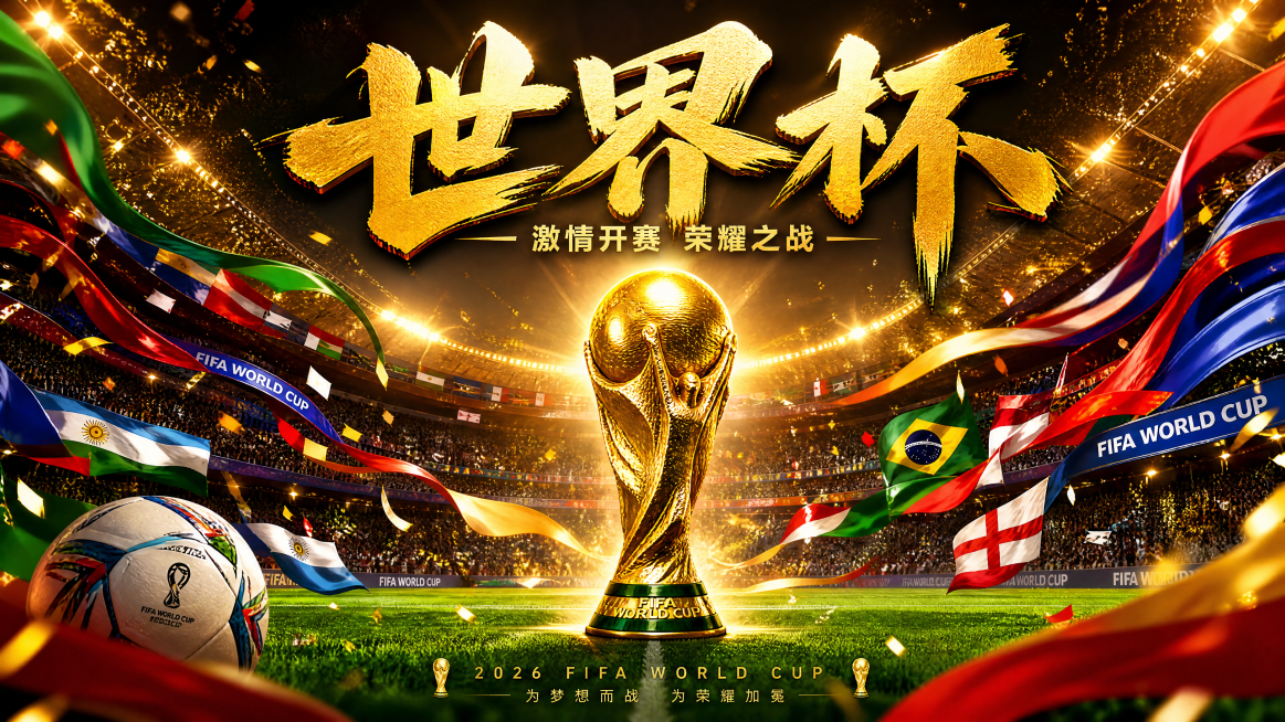 横版世界杯主题海报，画面中心是大力神杯，背景是绿色足球场，搭配飘扬的世界杯旗帜，整体氛围激情热烈，色彩鲜明有冲击力，顶部添加醒目的世界杯主题文字，构图大气平衡预览效果