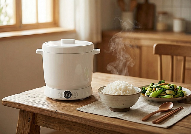 「图片1」生成一张把产品放在桌子上，旁边放上米饭和菜或者汤