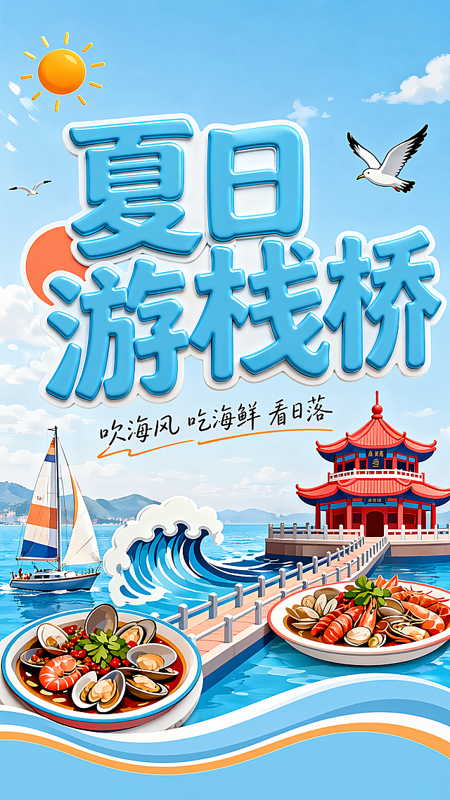[第5屏]夏日场景款——栈桥+海鲜大餐+帆船组合款。使用【图6】原素材，保持蓝色立体字、栈桥、海鲜盘、帆船、海鸥等元素不变。主体占70%，浅蓝海天背景，底部波浪线装饰. 顶部大字“夏日游栈桥”3D蓝字, 下方小字“吹海风 吃海鲜 看日落”手写体。光影：明亮自然光，突出夏日氛围与产品立体感。配色：#87CEEB（天蓝）+ #FF9800（橙）+ #212121（深灰字）。9:16竖版, 4K分辨率, 文字清晰可辨. 负向：变形 水印 文字错乱 遮挡主体