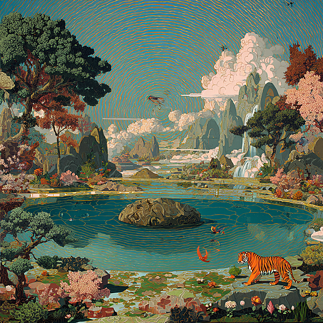 Agnes Pelton的作品，隐秘的力量感，现代美学，极简主义，高级感，巨大的圆形水池中央有一座液态金属制作的太湖石假山，前景是一只老虎，远山，云，花树，竹子，鸟，光线，东方美学，概括主义，三维空间层次感，超现实主义，抽象主义，光学艺术，新工笔，插画，布面油画，油画触感，岩彩木版画，肌理磨砂，色彩渐变，色彩颗粒，喷绘技术，颜料涂抹，Dale Chihuly，James Turrell，抽象栖息，色域画，平面图案设计，视觉艺术，波普艺术，极具现代感的作品，明亮的色调，复杂的细节，细致的描绘，孟菲斯配色，明艳的荧光颜料，艾格尼丝·佩尔顿（Agnes Pelton）是一位现代主义抽象画家，在20世纪初的艺术舞台上，Agnes以其独特的现代主义抽象画作脱颖而出。这位1881年出生于德国的艺术家，幼年时期便随家人迁居至美国，开启了她对艺术的不懈追求。佩尔顿的画作充满了空灵、神秘与静谧的气息，她以色彩和形状捕捉梦境与精神世界，展现了一种超然的神秘感。Agnes艺术探索不仅限于纯抽象，她还巧妙地将自然景观融入作品之中，从女性视角的植物神秘主义到物质与心灵的边缘空间，她追求的是一种自由精神的超凡脱俗。她的作品不仅是对自然瑜伽的绿植花卉象征的体现，更是对自然界生命力。