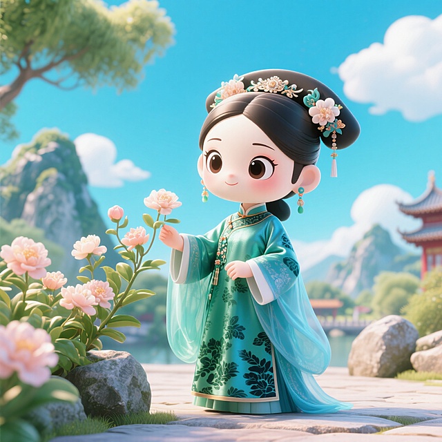 Q版全身的清朝妃子，女性化更强一些（大眼睛、白皮肤，带有暗纹细节的绿蓝丝绸、绸纱服装，），在赏花。背景是御花园山水石头，蓝天白云，光线明亮