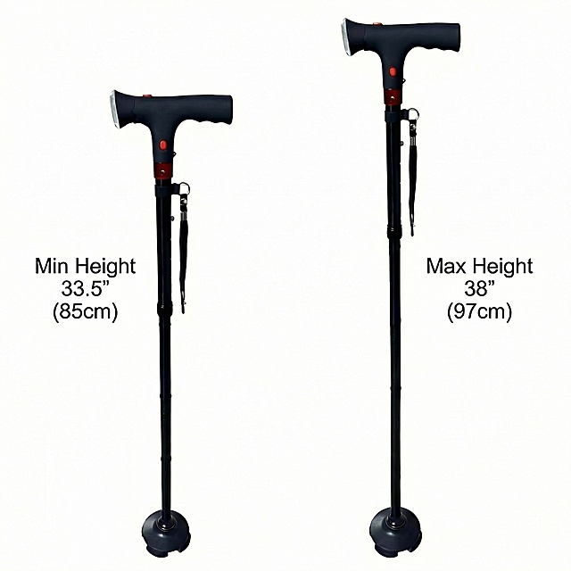 Based on the original image, remove the smartphone pattern from the bottom left corner. Keep all other elements unchanged: two walking canes (Min 85cm / Max 97cm), the size text labels, pure white background, font style and product appearance. Adjust the left cane position slightly to center the layout, keep the whole image clean and professional. 1:1 square, 2K resolution.