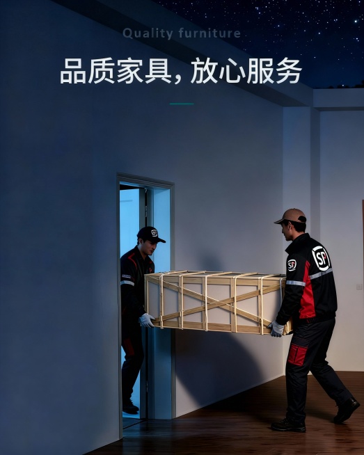 结合图一图二，生成新的图片，穿着顺丰工作服的年轻男性，搬着木架打包长方形大件的商品进门，一人门内，一人门外，室内只有白墙，夜景，木地板预览效果