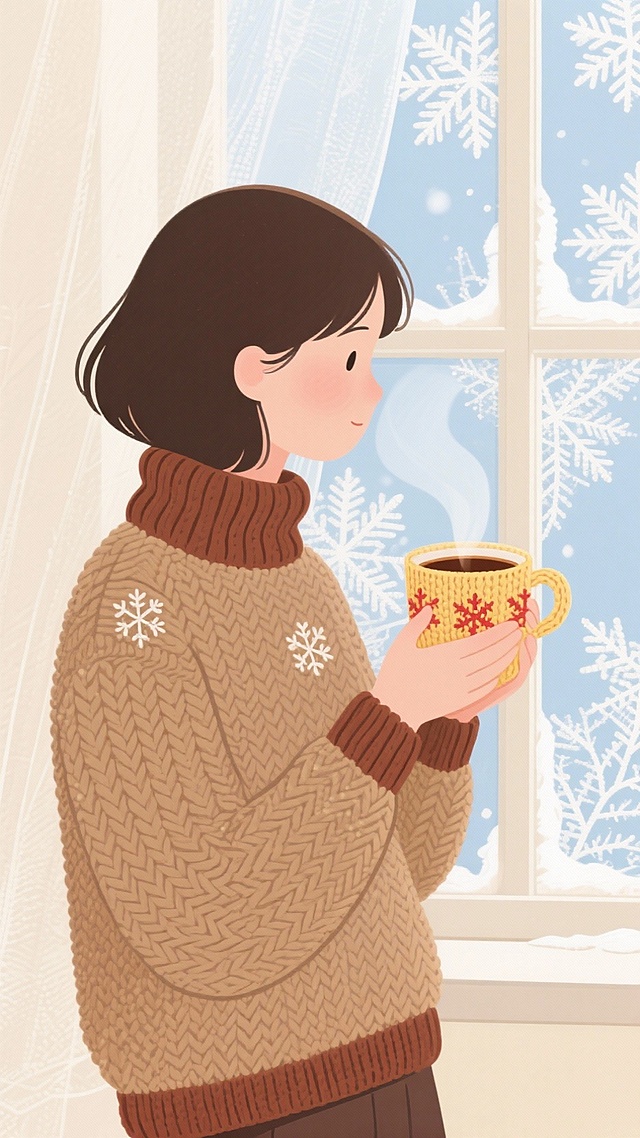 扁平风窗边女孩喝热饮好惬意🥤